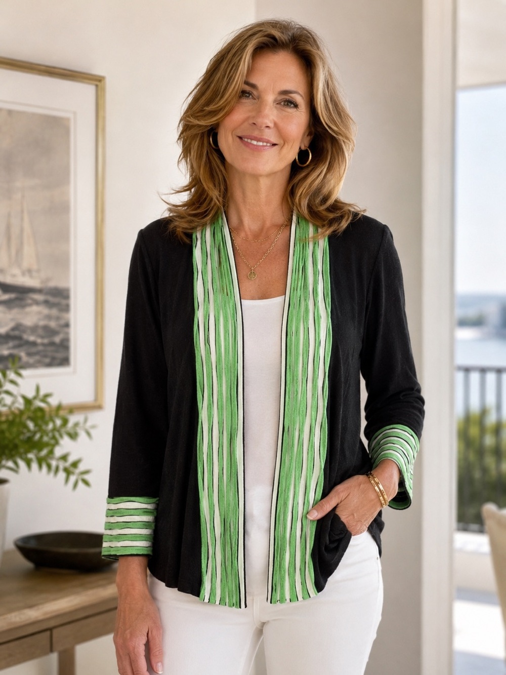 Ming Wang open front cardigan black with green and white stripe shawl collar